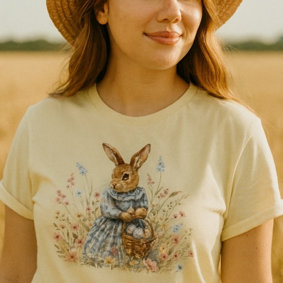 Country Life Boutique Tops - Easter Bunny Graphic Tee • Pastel Spring Rabbit Shirt • Light Yellow Floral Bunn